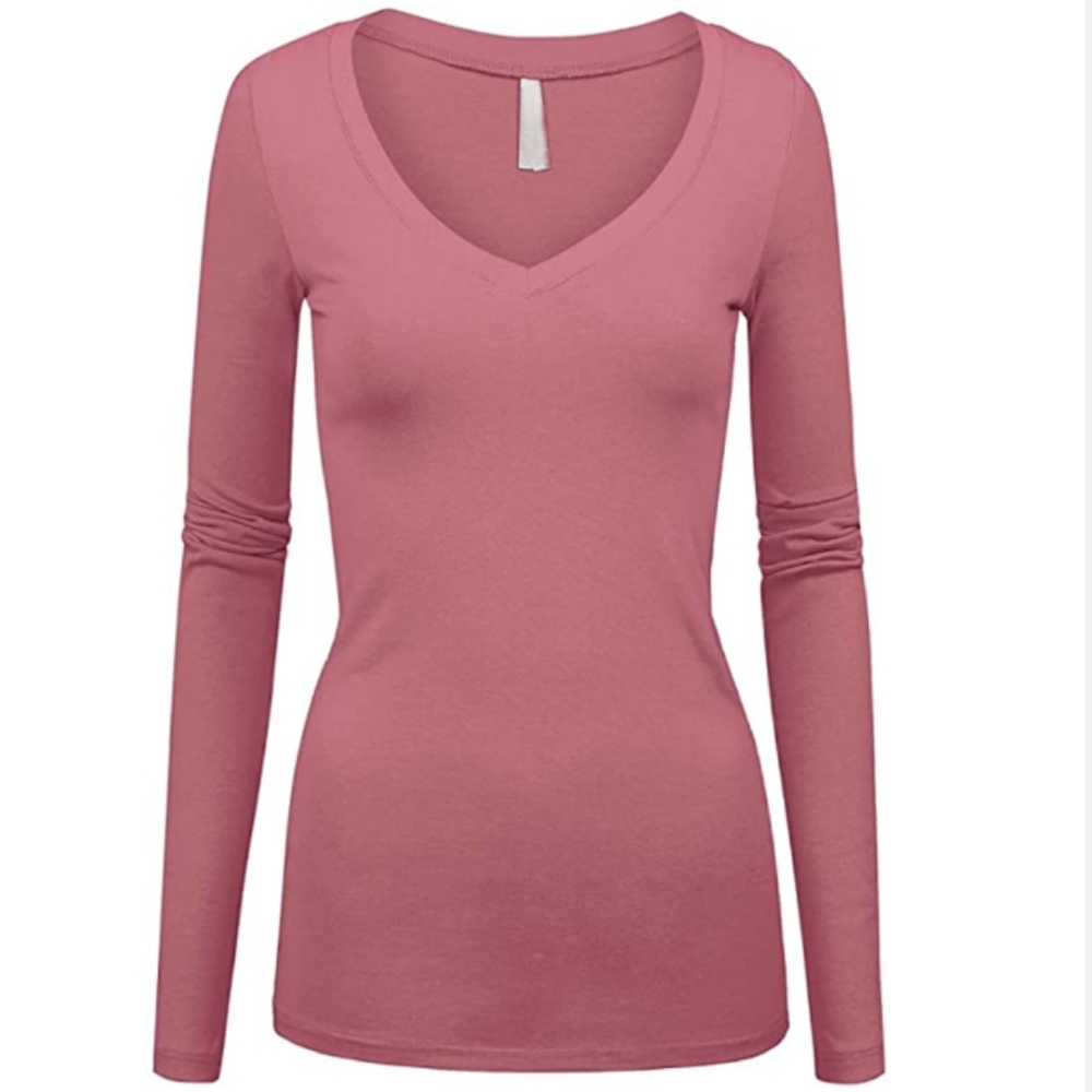 Dusty pink long sleeve vneck solid stretchy top